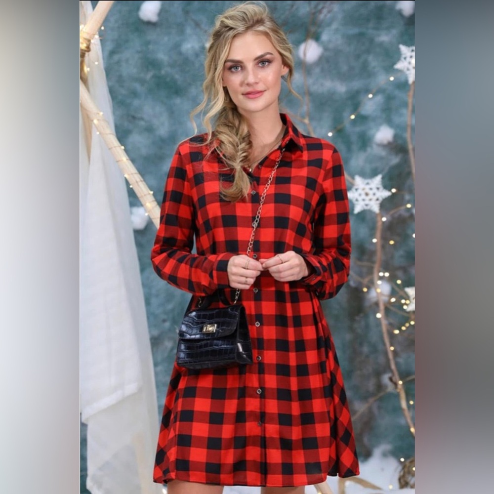 Red and Black Plaid Shirt Dress